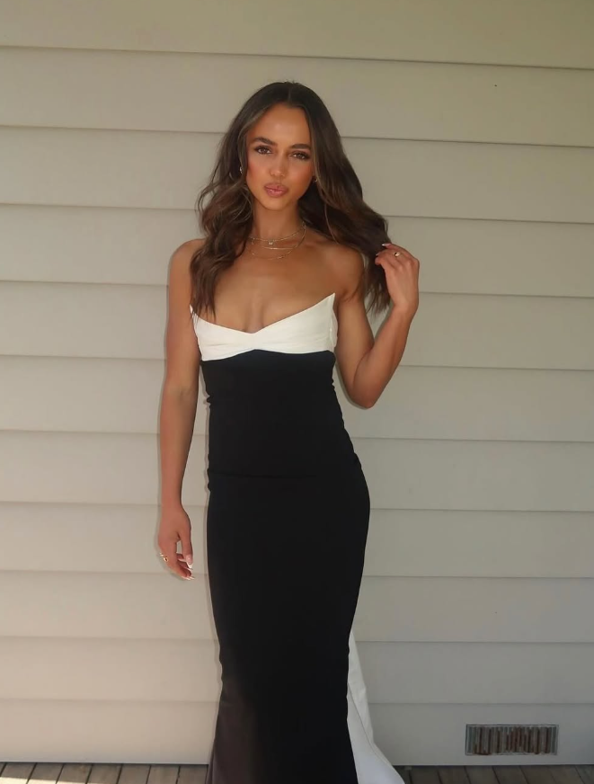 Sexy Classic Sheath Strapless Black-white Satin Long Prom Dress Graduation Prom Dress DP4963