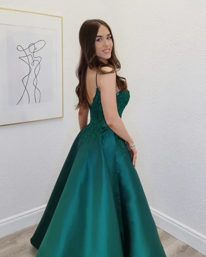 Elegant Emerald A Line Spagehtti Strap Lace Satin Prom Dress Evening Dress DP6584