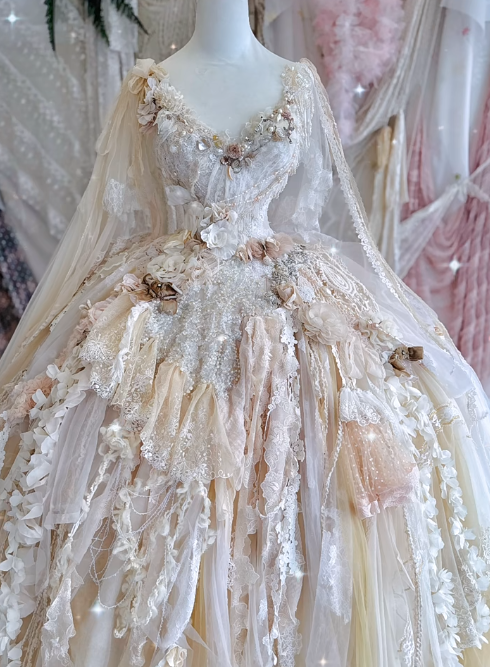 Exquisite Light Apricot Ball Gown V Neck Floral Lace Tulle Prom Dress 18th Birthday Dress DP4147