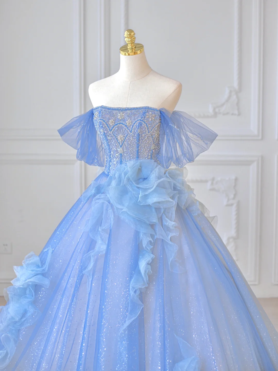 Elegant A Line Off the Shoulder Beaded Sequin Blue Tulle Long Prom Dress Party Dress DP2726