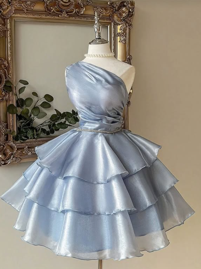 Blue A Line One Shoulder Layered Satin Short Homecoming Dresses DP4177