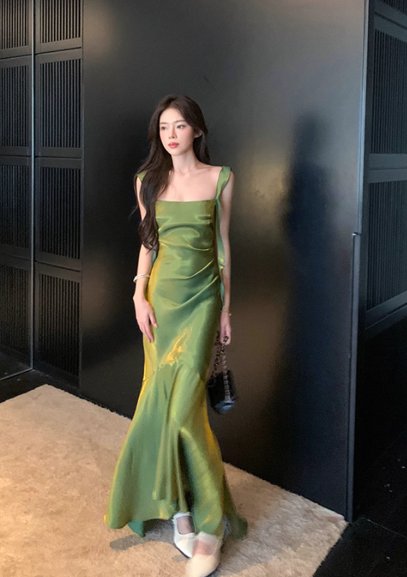 Shiny Green Mermaid Straps Satin Prom Dress Formal Dress Evening Dress DP3454