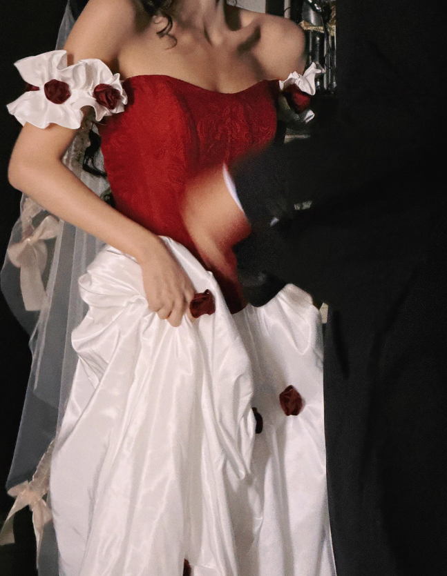 Classic Ball Gown Off the Shoulder Red Floral White Satin Prom Dress 16th Birthday Dress DP3568