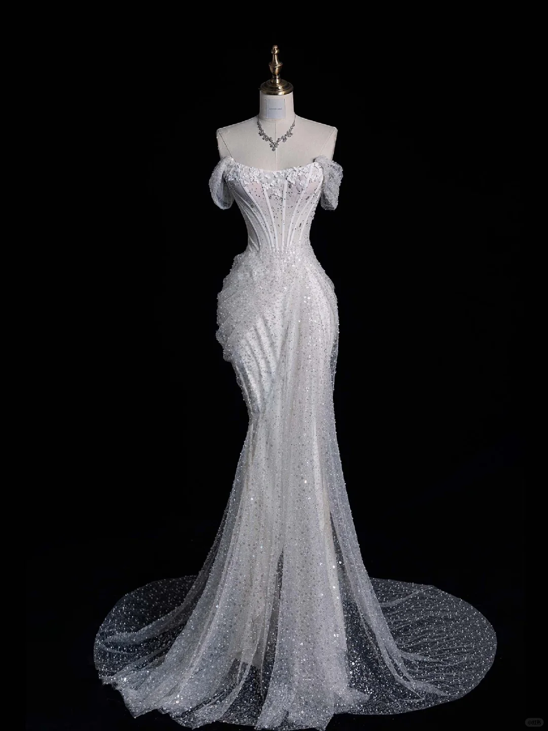 Shiny Mermaid Off the Shoulder Sequin Flower Rhinestone White Tulle Long Evening Dress Party Dress DP2298