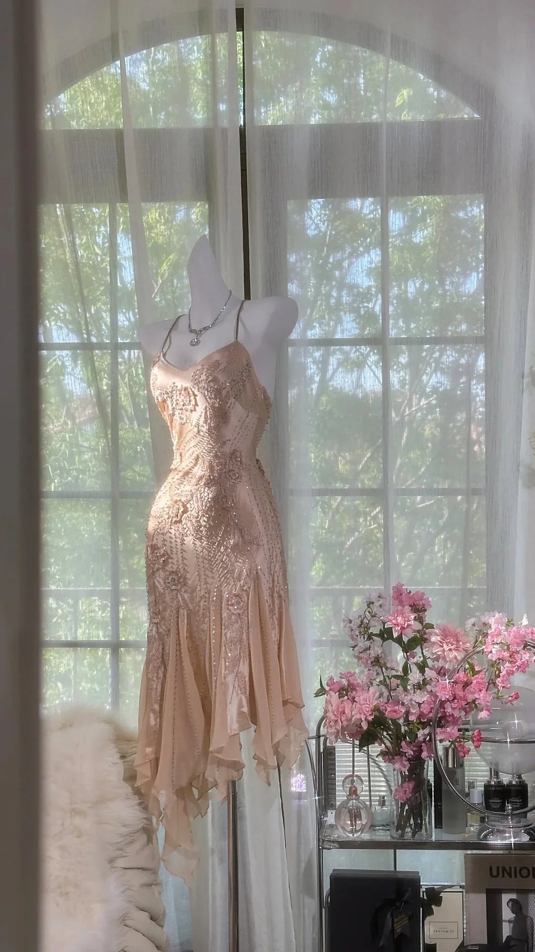 Vintage Mermaid Spaghetti Strap Beaded Ruffle Satin Chiffon Short Homecoming Dress DP2468