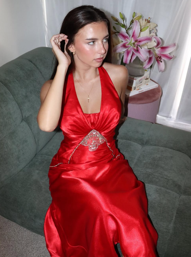 Sexy A Line Halter Rhinestone Sequin Red Satin Prom Dress Evening Dress DP1888
