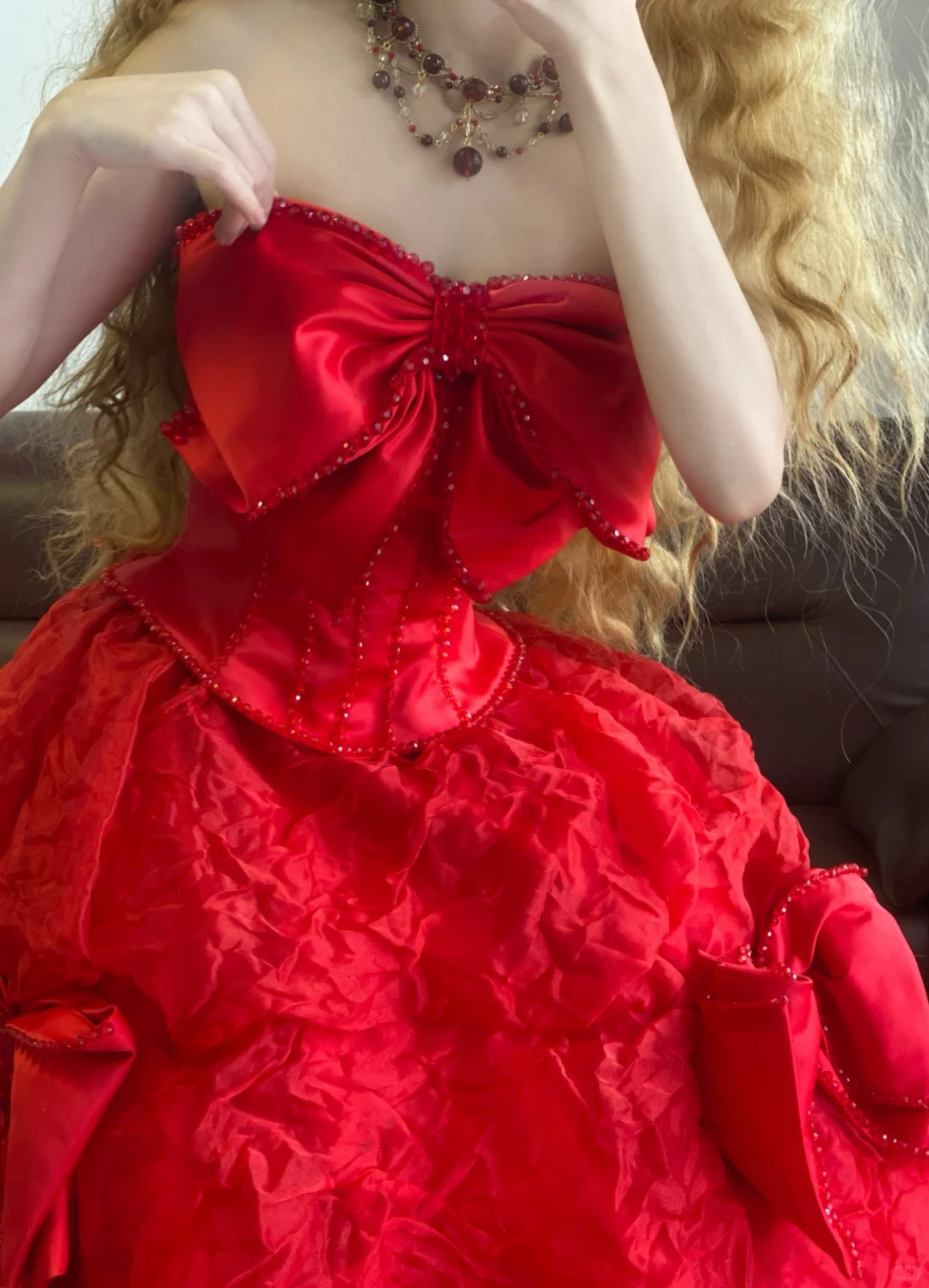 Red Ball Gown Bow Rhinestone Organza Long 16th Birthday Dress Party Dress Quinceanera Dress DP4086