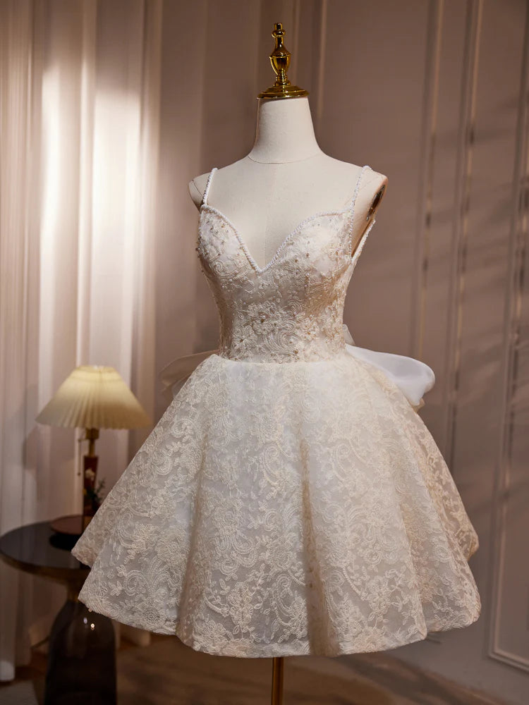 A Line V Neck Lace Bow Tulle Short Prom Dress Homecoming Dress DP1026