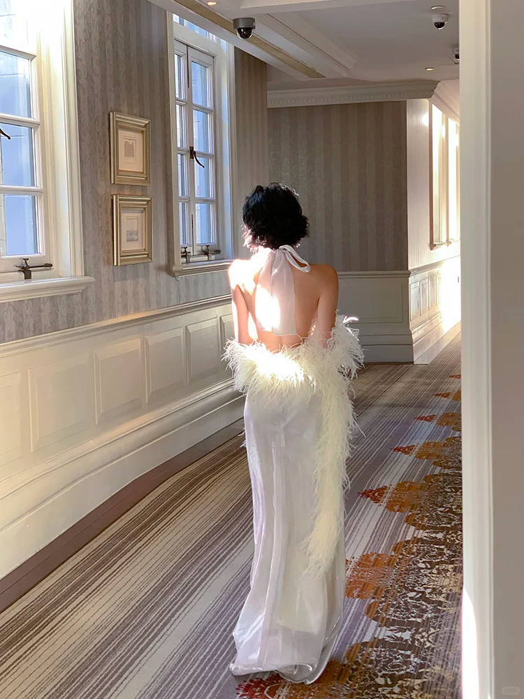 Elegant Sheath Halter White Satin Open Back Prom Dress Vacation Dress DP3862