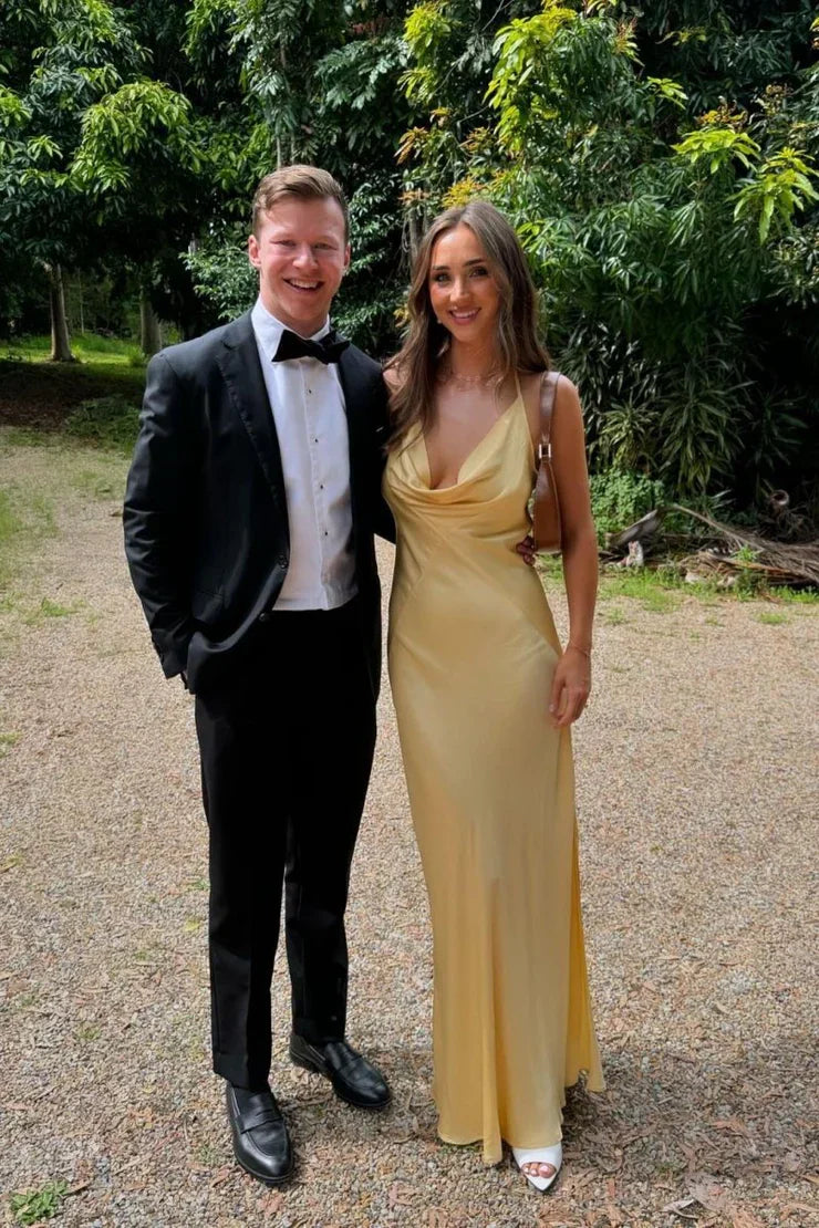 Cowl Neck Yellow Soft Satin Sheath Bridesmaid Dress DP5566