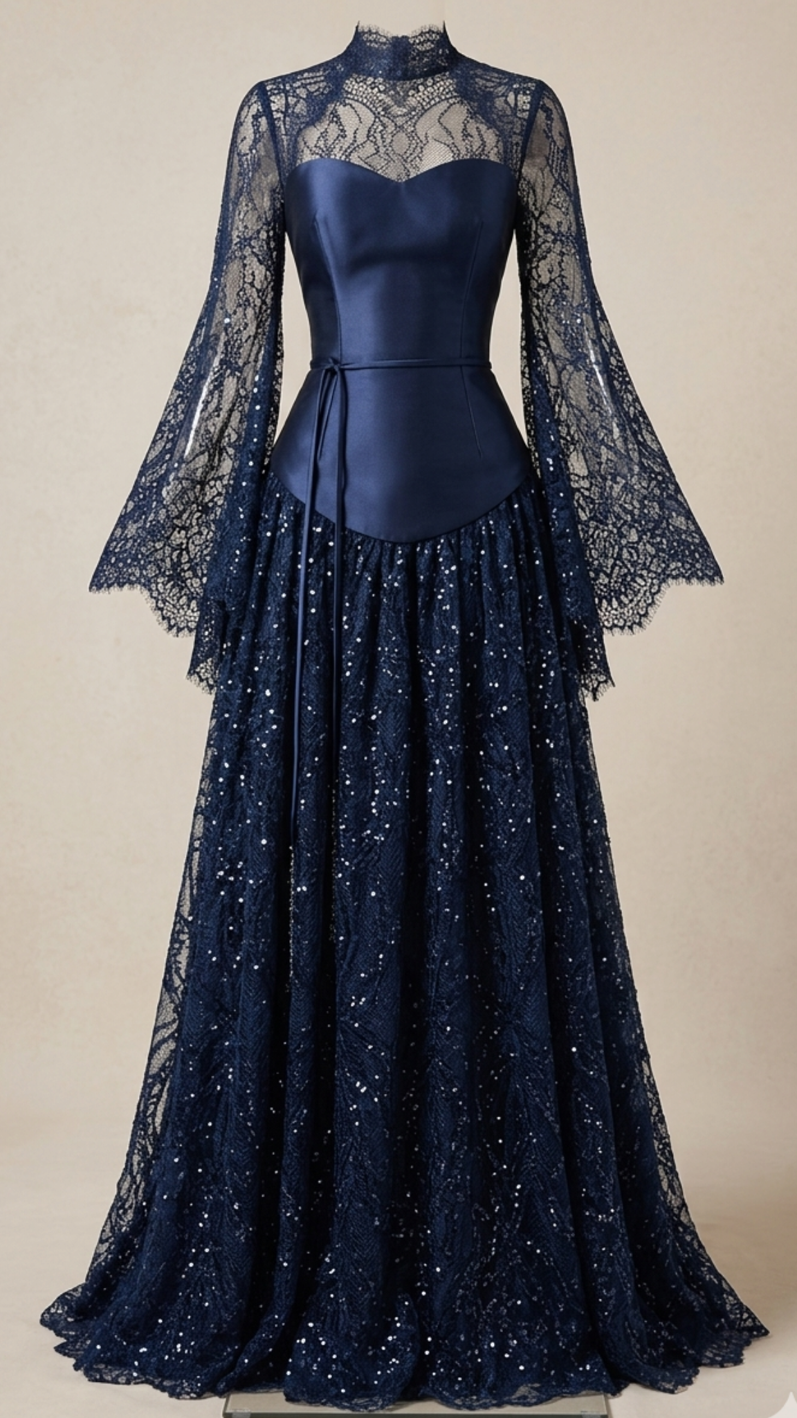 Elegant Navy Blue A Line Lace Sequin Satin Long Prom Dress Evening Dress DP6672
