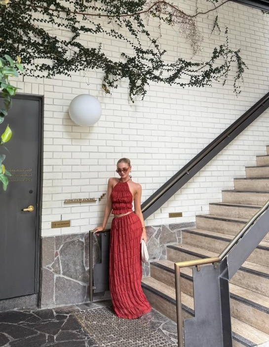 Burgundy A Line Halter Two Piece Satin Open Back Long Prom Dress Evening Dress DP1512