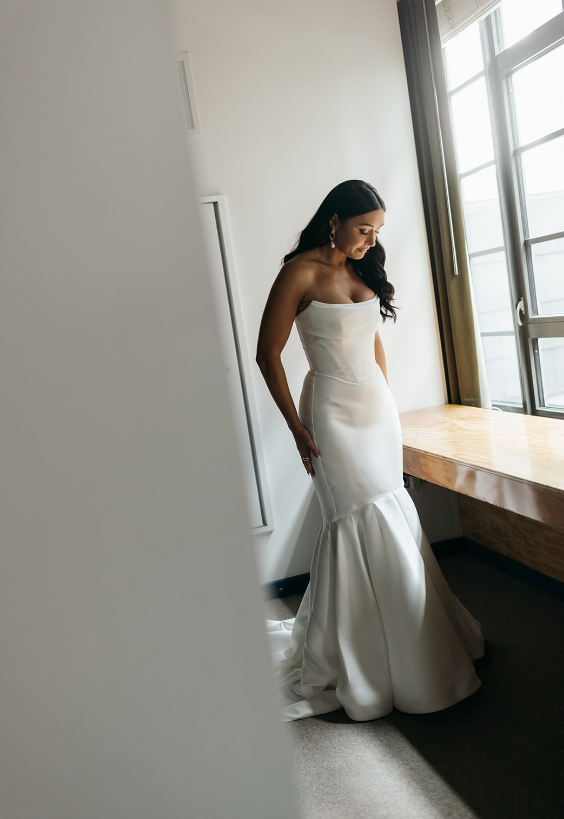 Simple Mermaid Strapless Satin Long Sweep Wedding Dress DP1876