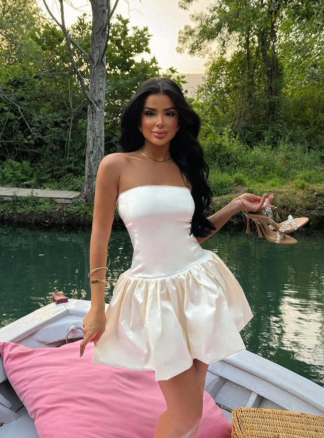 Simple A Line Strapless Ivory Satin Short Homecoming Dress Cocktail Dress DP3192