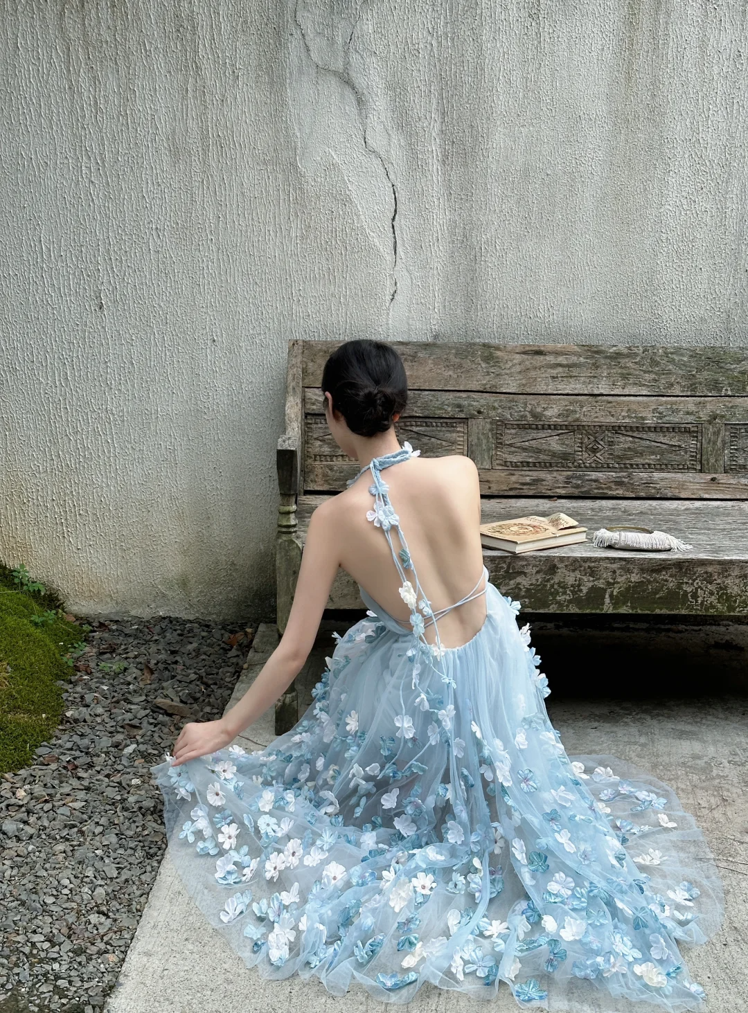 Blue A Line Halter 3D Floral Tulle Open Back Prom Dress Formal Dress 16th Birthday Dress DP3442