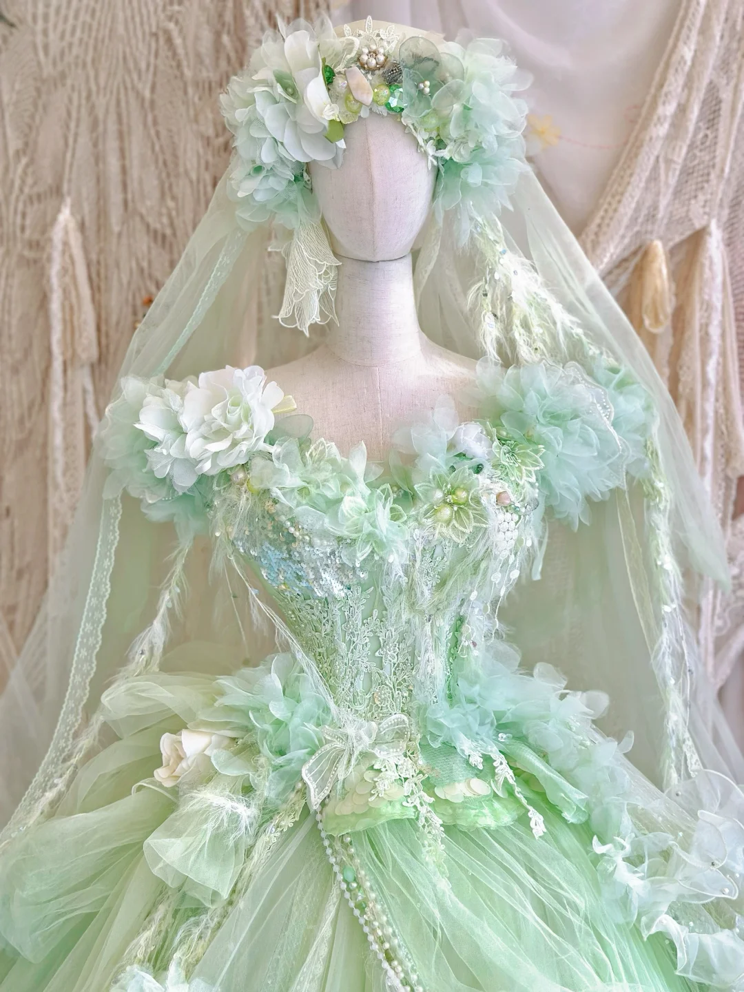 Green Ball Gown Off the Shoulder Floral Exquisite Beaded Tulle 16th Birthday Dress Prom Dress DP3816
