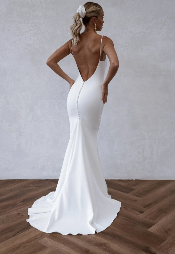 Simple Mermaid Spaghetti Strap Satin Open Back Long Sweep Wedding Dress DP1871