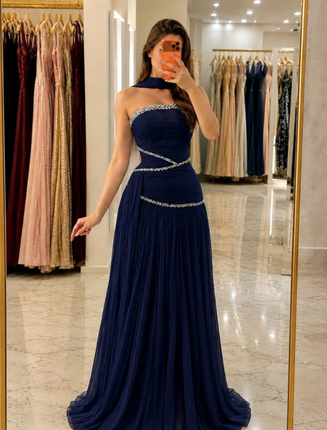 Gentle A Line Strapless Beaded Navy Blue Chiffon Long Prom Dress Evening Dress DP6940