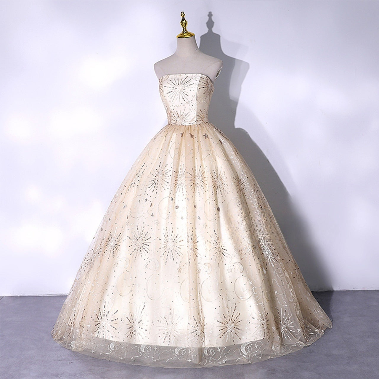 Champagne Ball Gown Strapless Sequins Tulle Quinceanera Dress DP1434