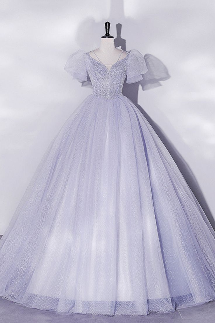 Light Purple Tulle Sequins Prom Dress Short Sleeves Puffy Floor-Length Evening Dress Quinceanera Dress DP207