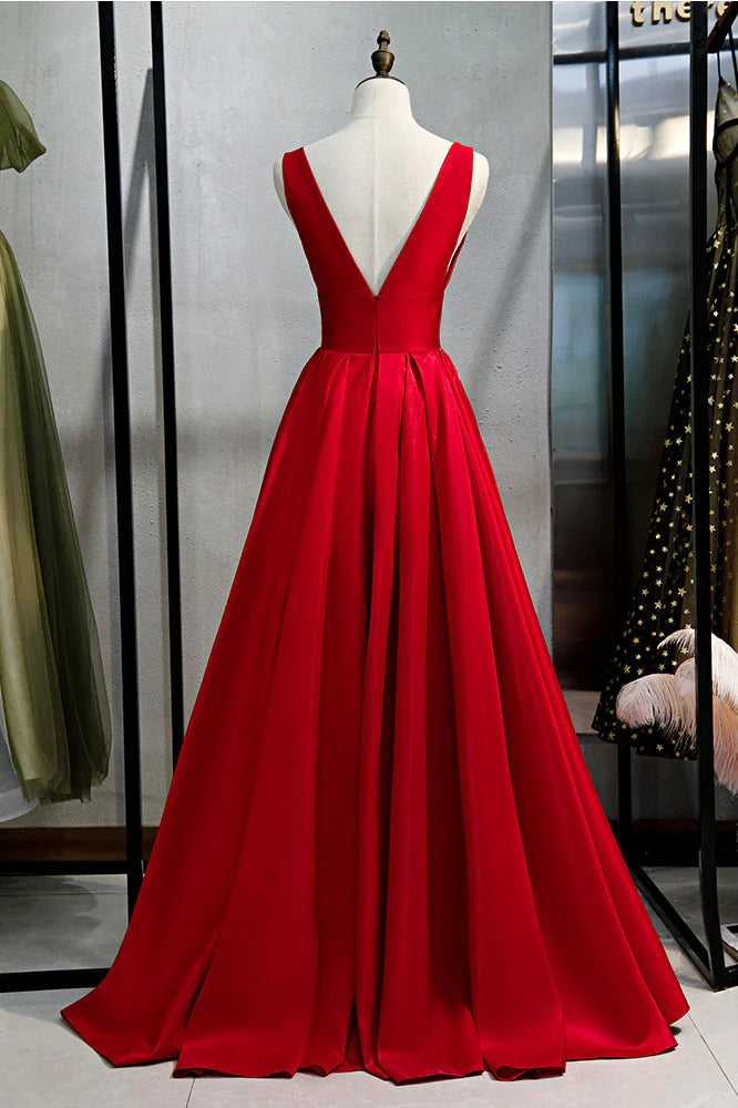Simple Red V Neck Satin Long Prom Dress Evening Dress DP1296