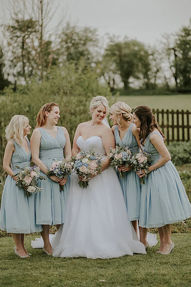 Dusty Blue A-Line Mid-Calf Ruched Chiffon Bridesmaid Dress DP5548