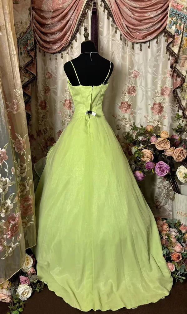 Green Vintage Ball Gown Spaghetti Strap Beaded Layered Organza Satin Prom Dress Party Dress DP3172