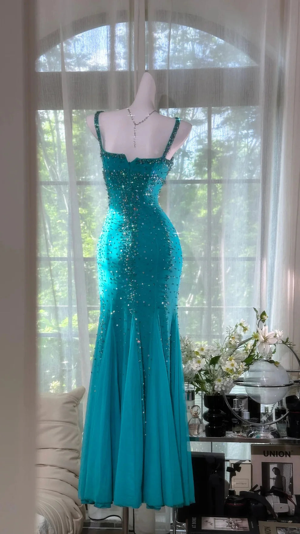 Peacock Blue Mermaid Spaghetti Strap Exquisite Beaded Sequin Chiffon Prom Dress 21th Birthday Dress DP3901