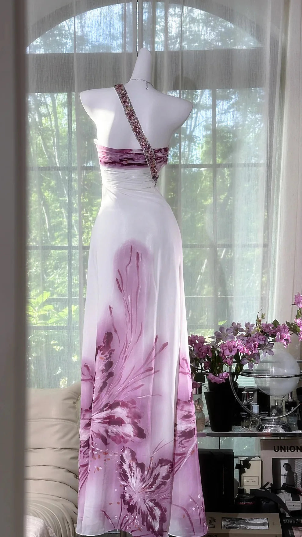 Pretty A Line One Shoulder Beaded Purple Floral Chiffon Prom Dress Party Dress DP3592