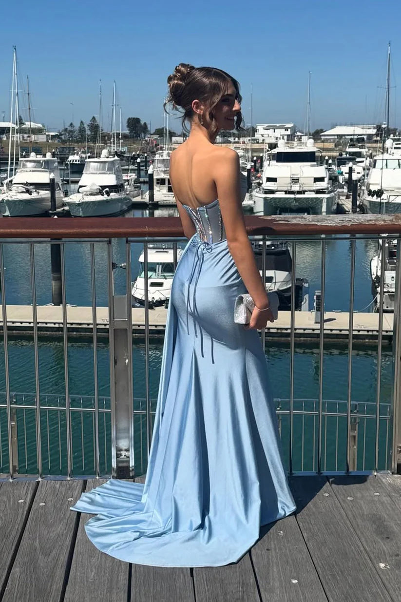 Sweety Blue Mermaid Strapless Beaded Corset Satin Evening Dress Prom Dress DP7646