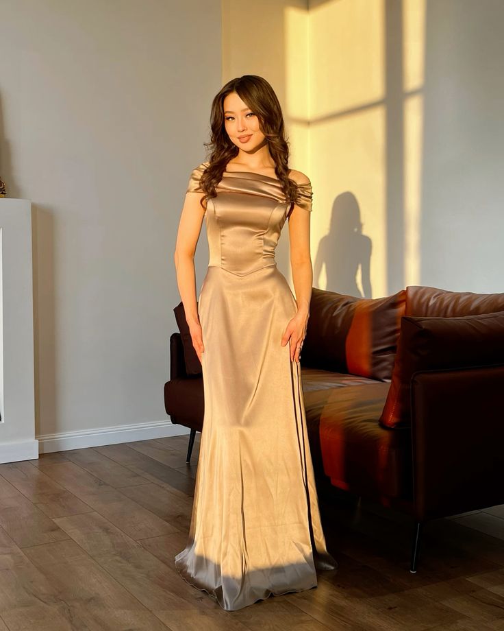 Pretty Brown Mermaid Off the Shoulder Satin Prom Dress Evening Dress Date Dress DP3466