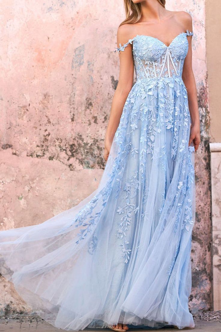Baby Blue A Line Spaghetti Straps Appliques Tulle Long Prom Dress Evening Dress with Slit DP2788