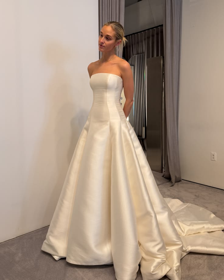 High-class A Line Strapless Ivory Satin Long Train Wedding Dress DP7792
