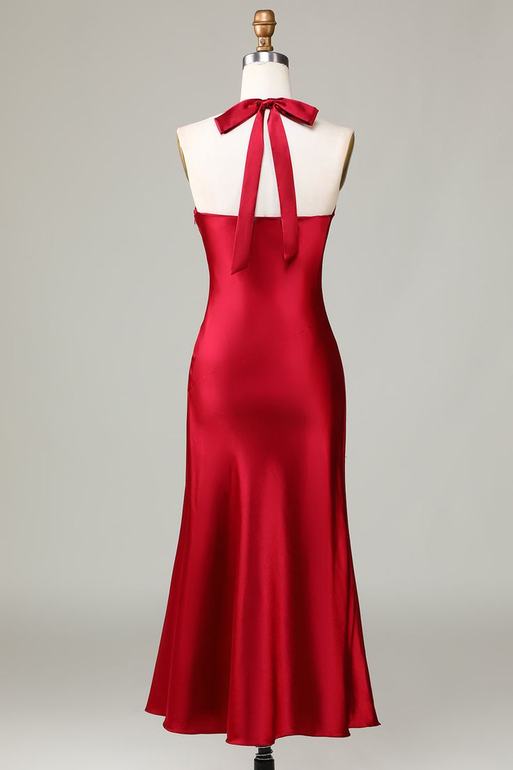 Burgundy Mermaid Halter Satin Long Bridesmaid Dress with Slit DP792
