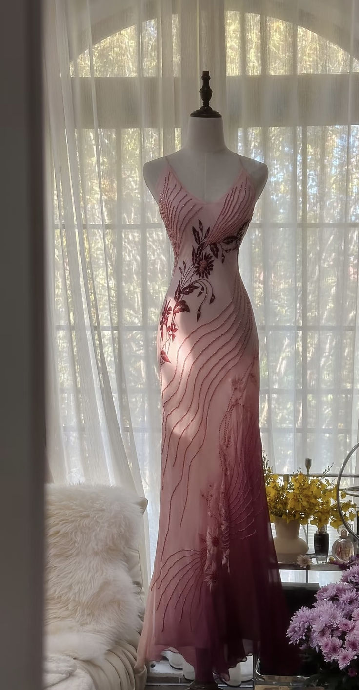 Pink Ombre Mermaid Spaghetti Strap Beaded Chiffon Long Party Dress Evening Dress DP2275