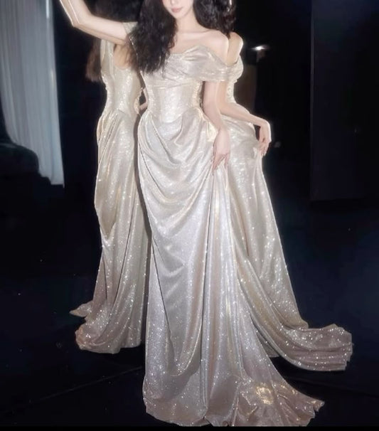 Shiny A Line Off the Shoulder Champagne Sequin Long Prom Dress Party Dress DP2625