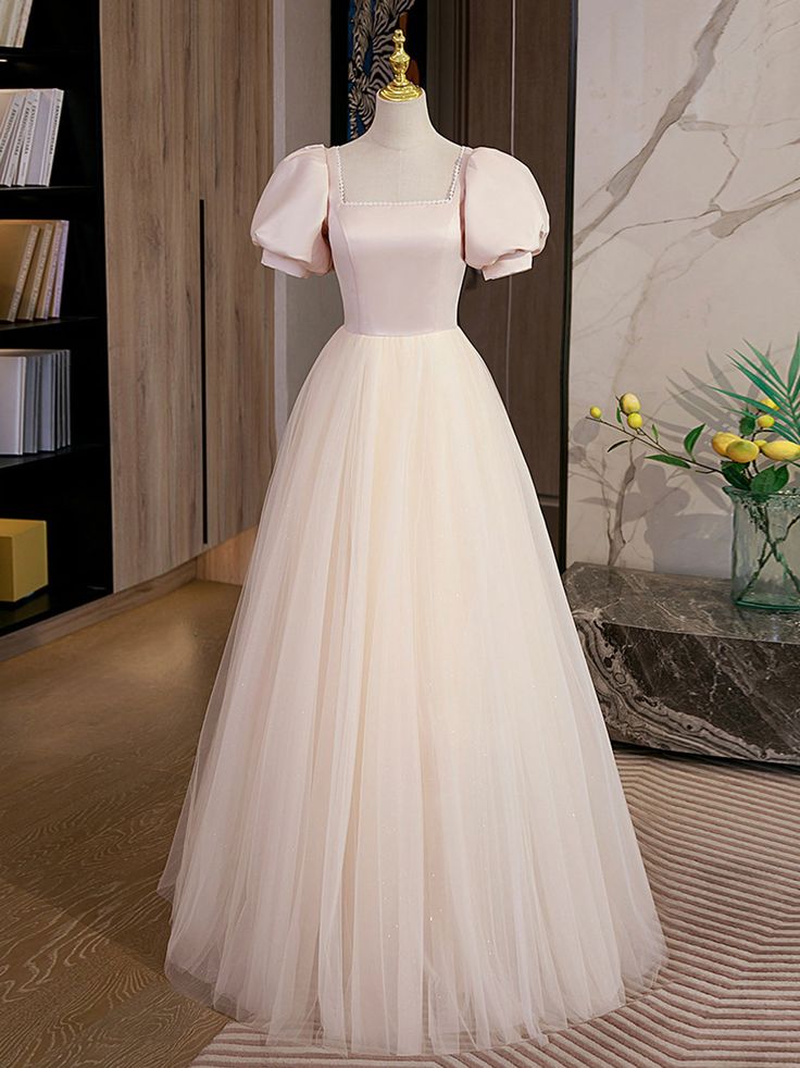 A Line Puff Sleeve Tulle Satin Long Prom Dress Formal Graduation Dresses DP1088