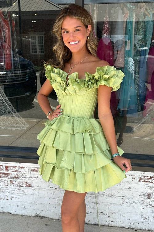 A Line Off-the-shoulder Corset Ruffle Tiered Homecoming Dress DP870