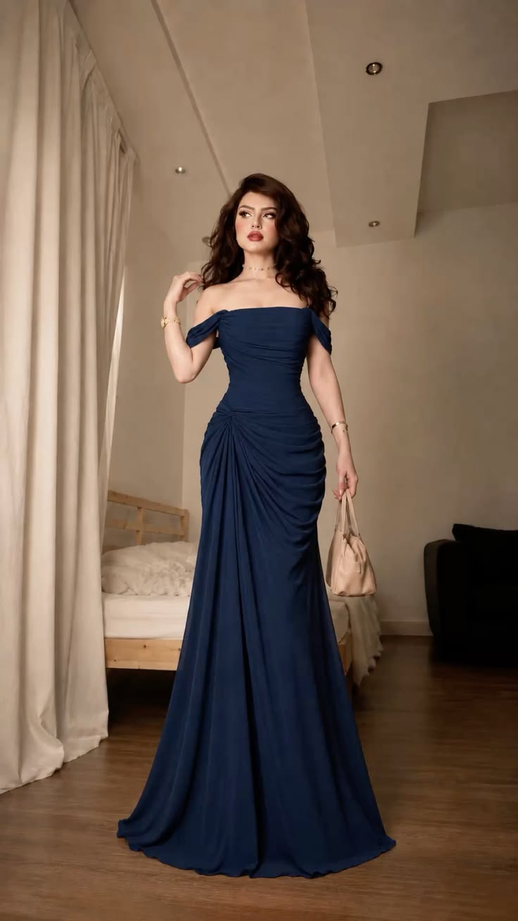 Navy Blue Mermaid Off the Shoulder Pleated Satin Prom Dress Evening Dress DP7169
