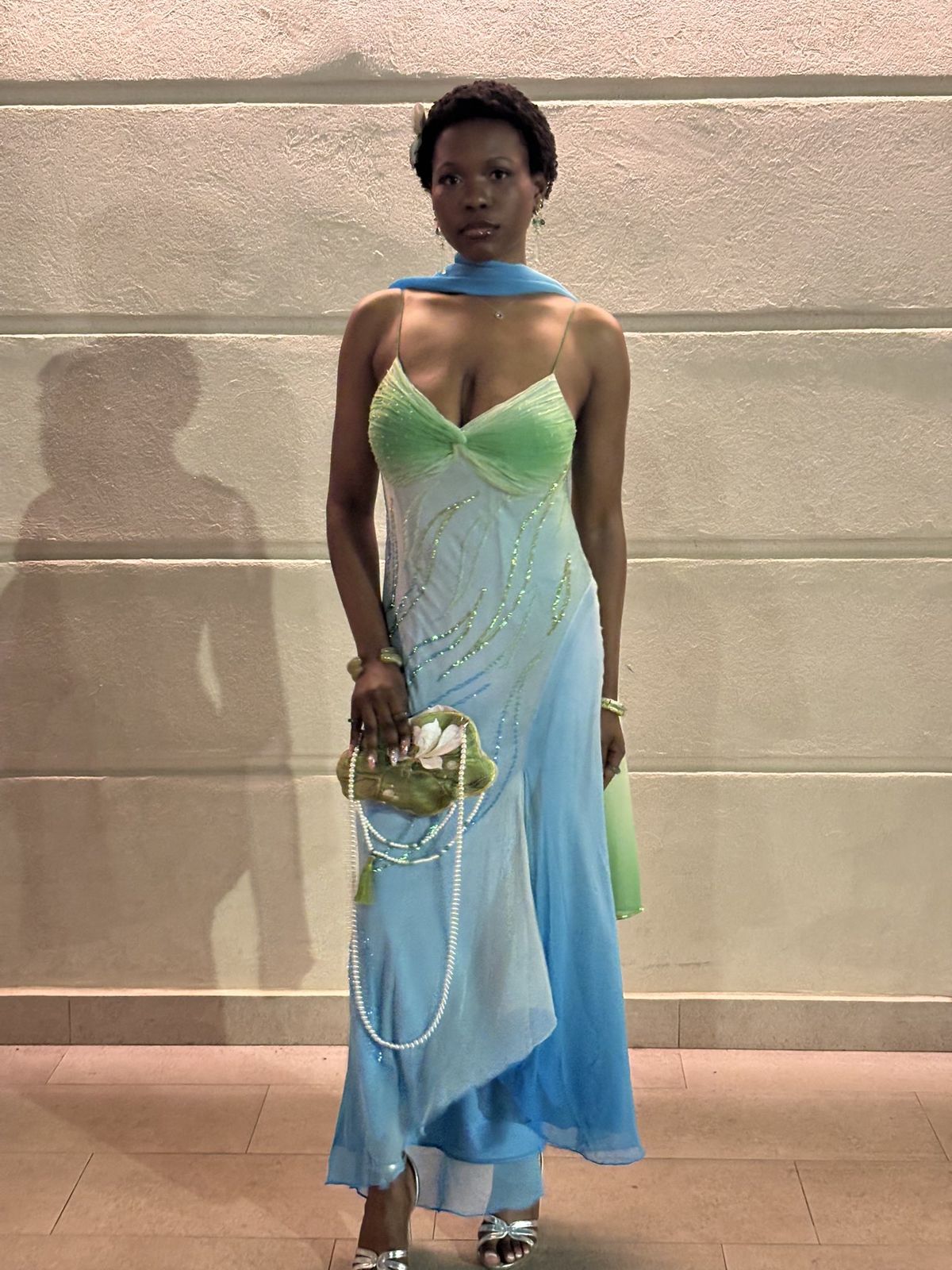 Vintage A Line Spaghetti Strap Beaded Blue Green Ombre Chiffon Prom Dress DP4744