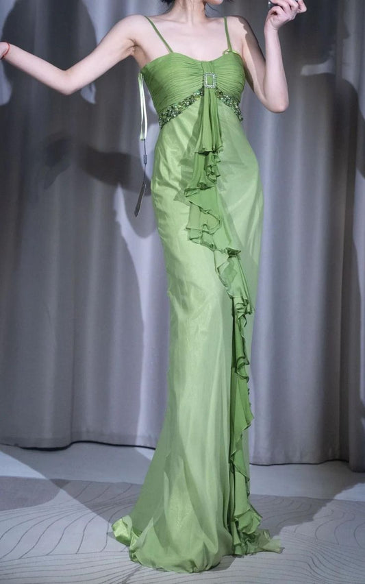 Elegant Sheath Spaghetti Strap Ruffle Beaded Green Chiffon Satin Long Party Dress Evening Dress DP2308