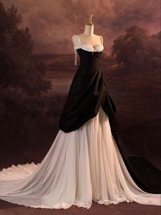 A Line Spaghetti Straps Satin Chiffon Long Prom Dress Evening Dress DP1336
