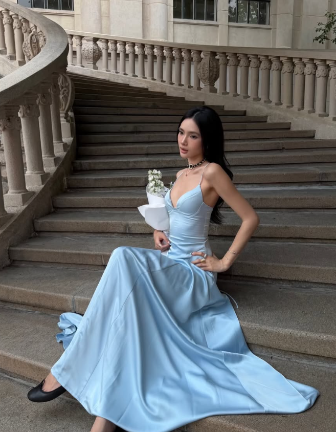Pretty Blue A Line Spaghetti Strap Satin Long Prom Dress Evening Dress DP7977