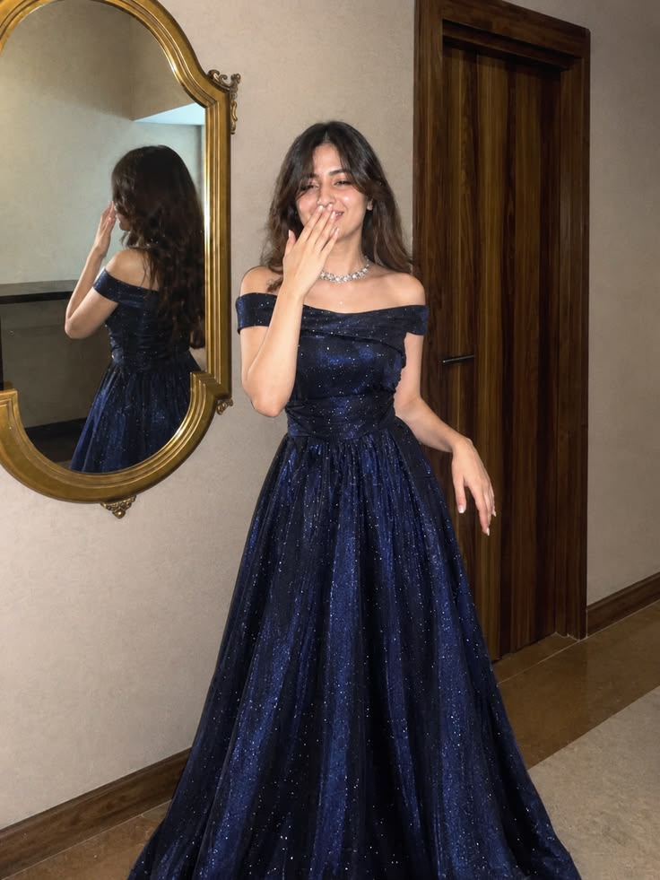 Shiny Navy Blue A Line Off the Shoulder Sequin Prom Dress Evening Dresses DP7580