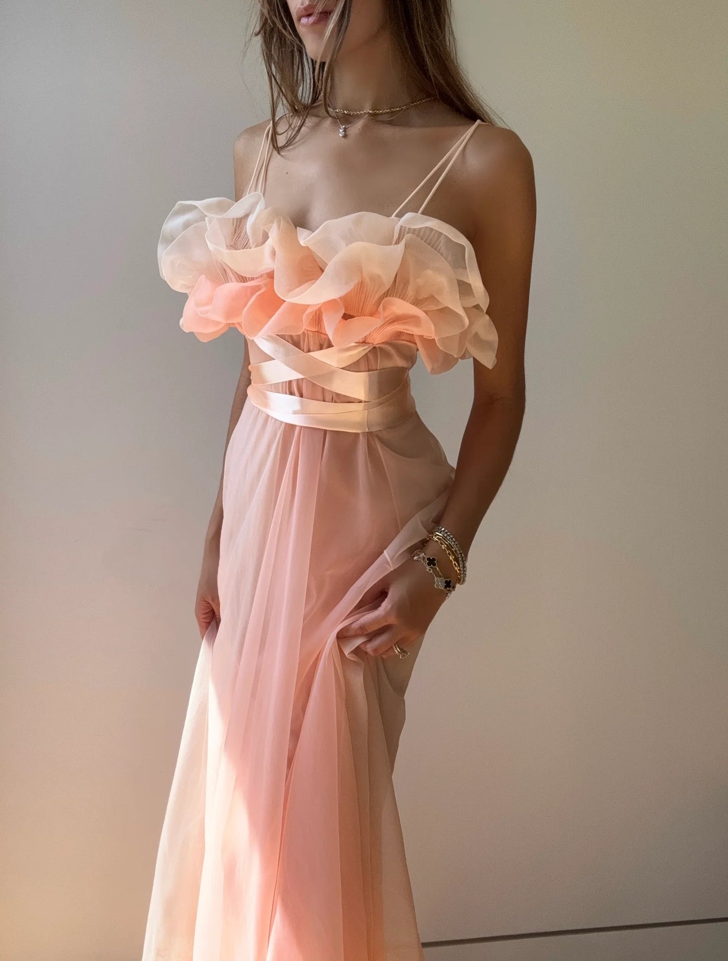 Unique Pink A Line Spaghetti Straps Chiffon Long Prom Dress Party Dress DP3747