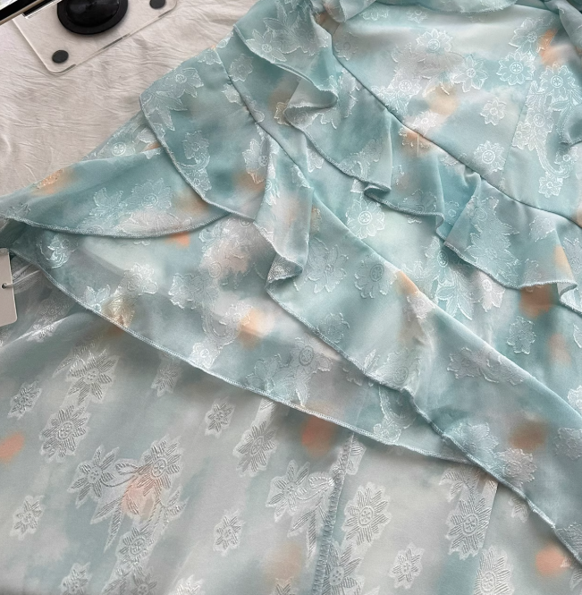 Blue A Line Spaghetti Strap Beaded Layered Chiffon Vacation Dress Homecoming Dress Outfits DP3547