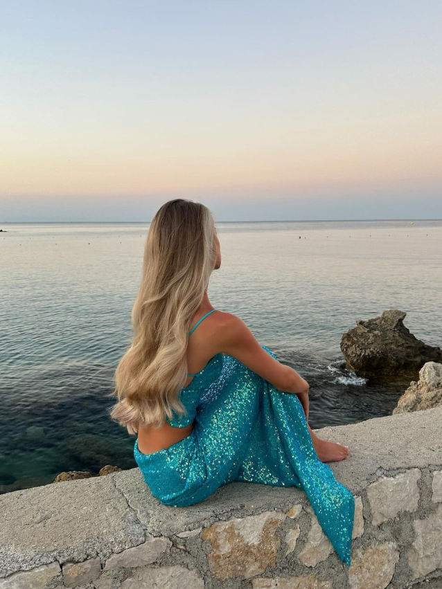 Blue Two Piece Sheath Strap Sequin Prom Dress Party Dress Evening Dress with Slit DP3378