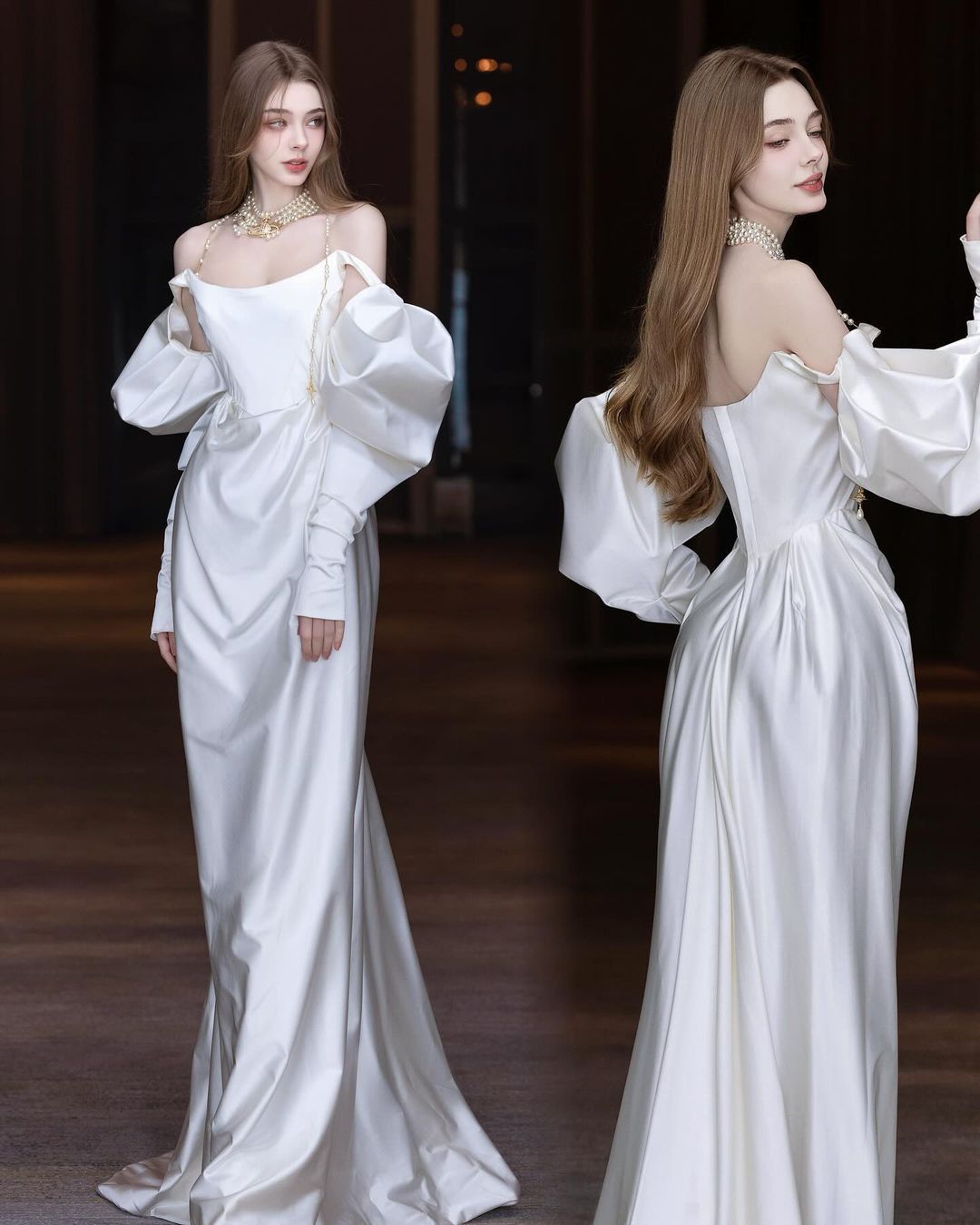 Elegant Mermaid Long Sleeve White Satin Long Prom Dress Party Dress DP3624