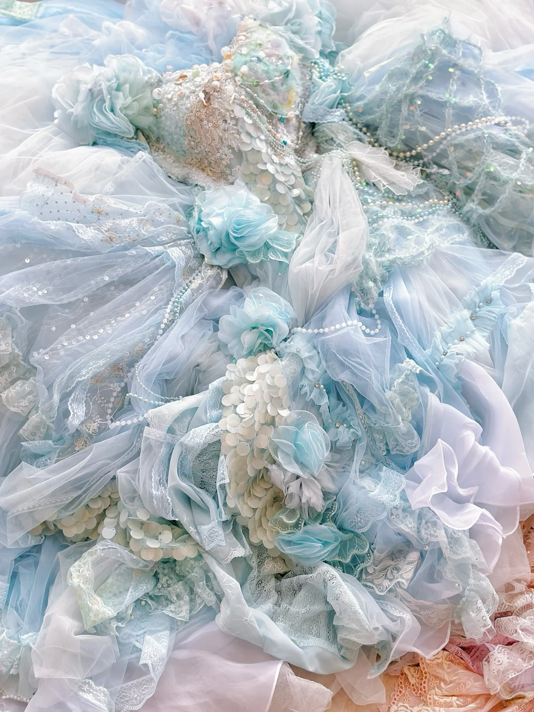 Unique Blue Ball Gown Off the Shoulder Floral Exquisite Beaded Tulle Prom Dress DP3820