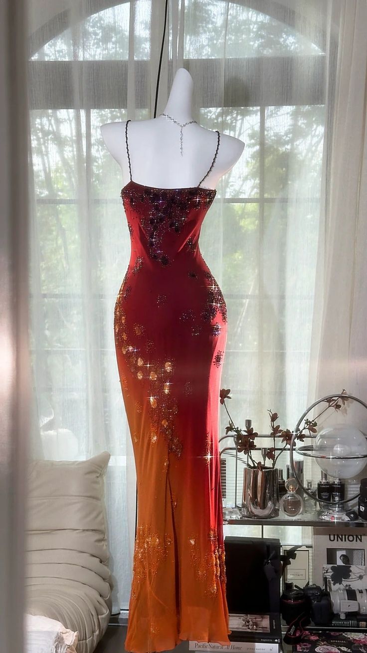 Orange Red Ombre Sheath Spaghetti Strap Exquisite Beaded Chiffon Prom Dress 21th Birthday Dress DP3899